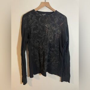 VTG Manchester Long Sleeve Thermal Mens Shirt Size Large Black Wash Grunge Cross